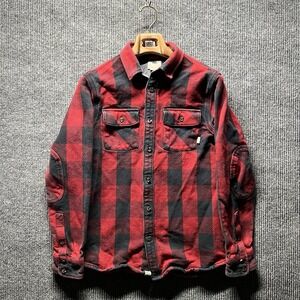 Vans Corduroy Flannel Shirt Mens Small Red Black Plaid Button Up Elbow Patches